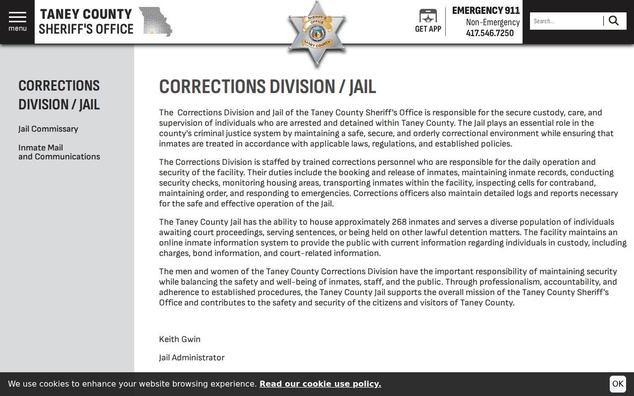 Taney County Sheriff corrections and jail service page