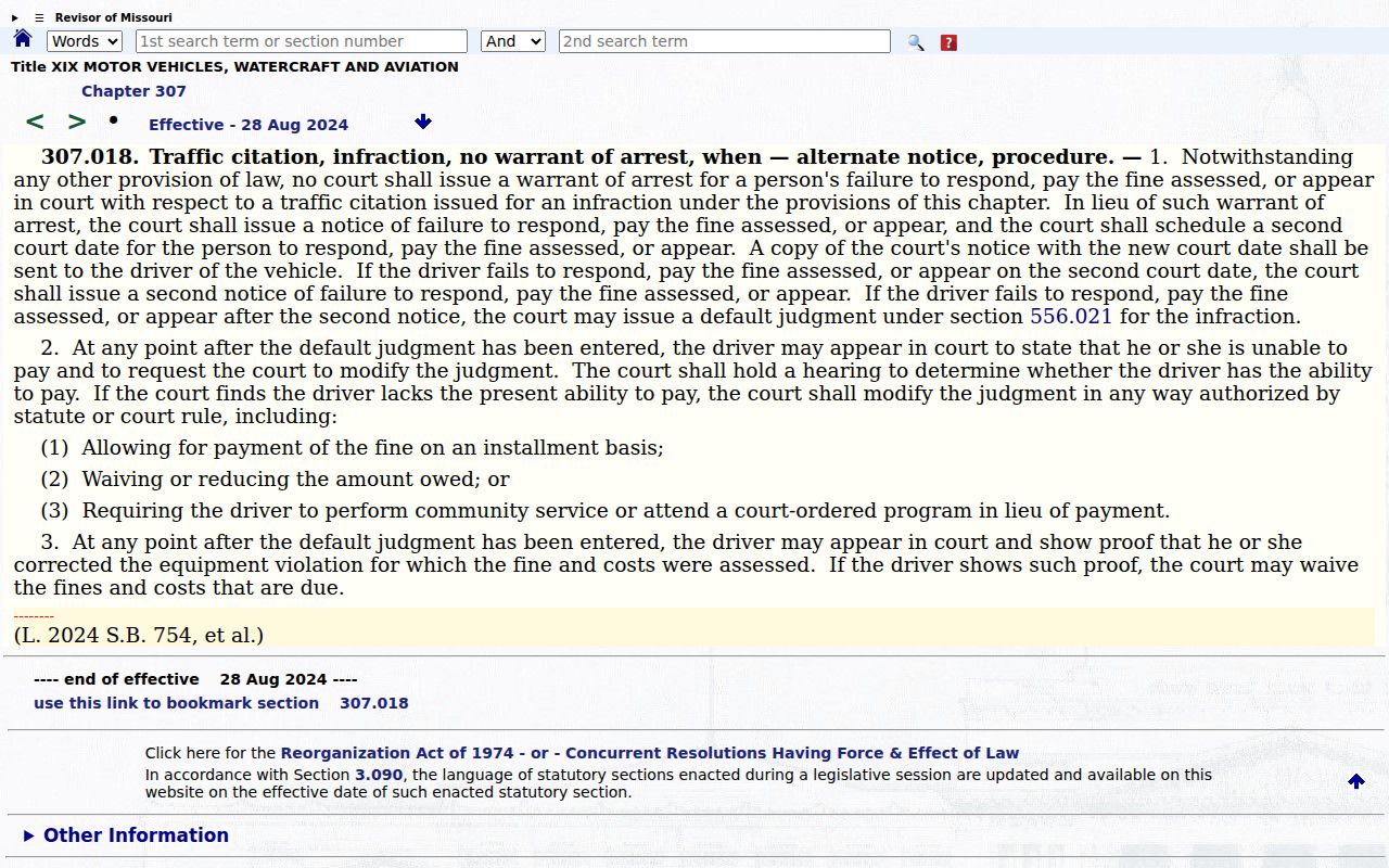 Missouri traffic infraction second notice statute