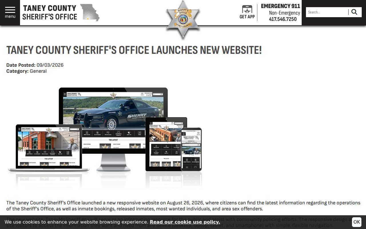 Taney County Sheriff website launch notice mentioning public features